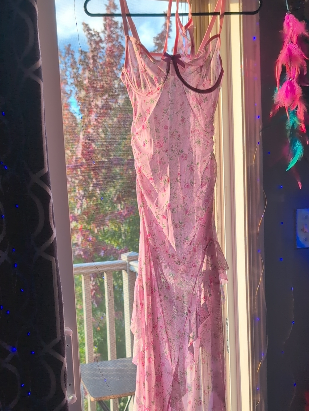 BRAND NEW La Vie En Rose Pink Floral Sheer Slip Dress With Matching Thong